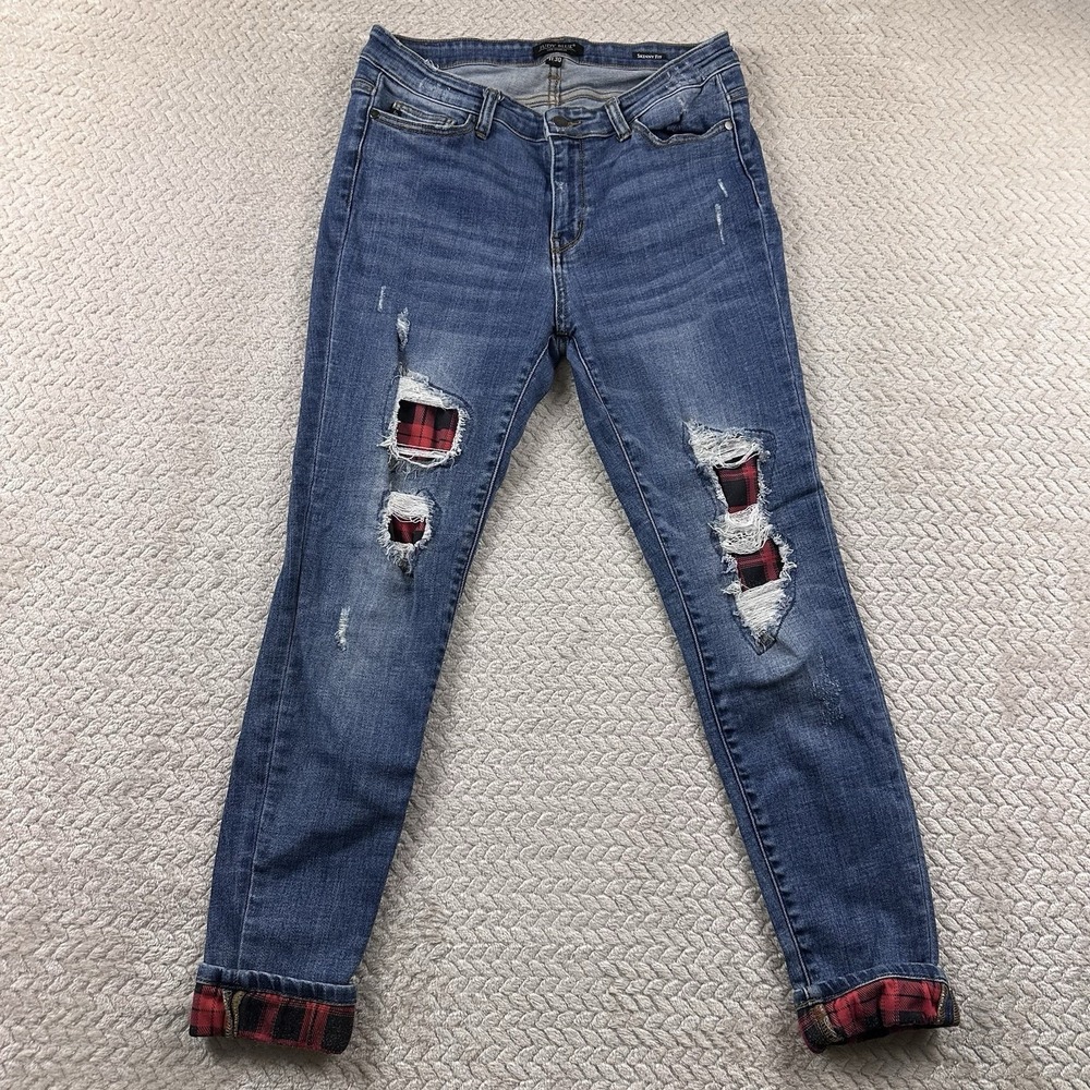 Judy Blue 11 30 Blue Skinny Jeans Distressed Flannel Plaid‎ Patch Grunge Retro